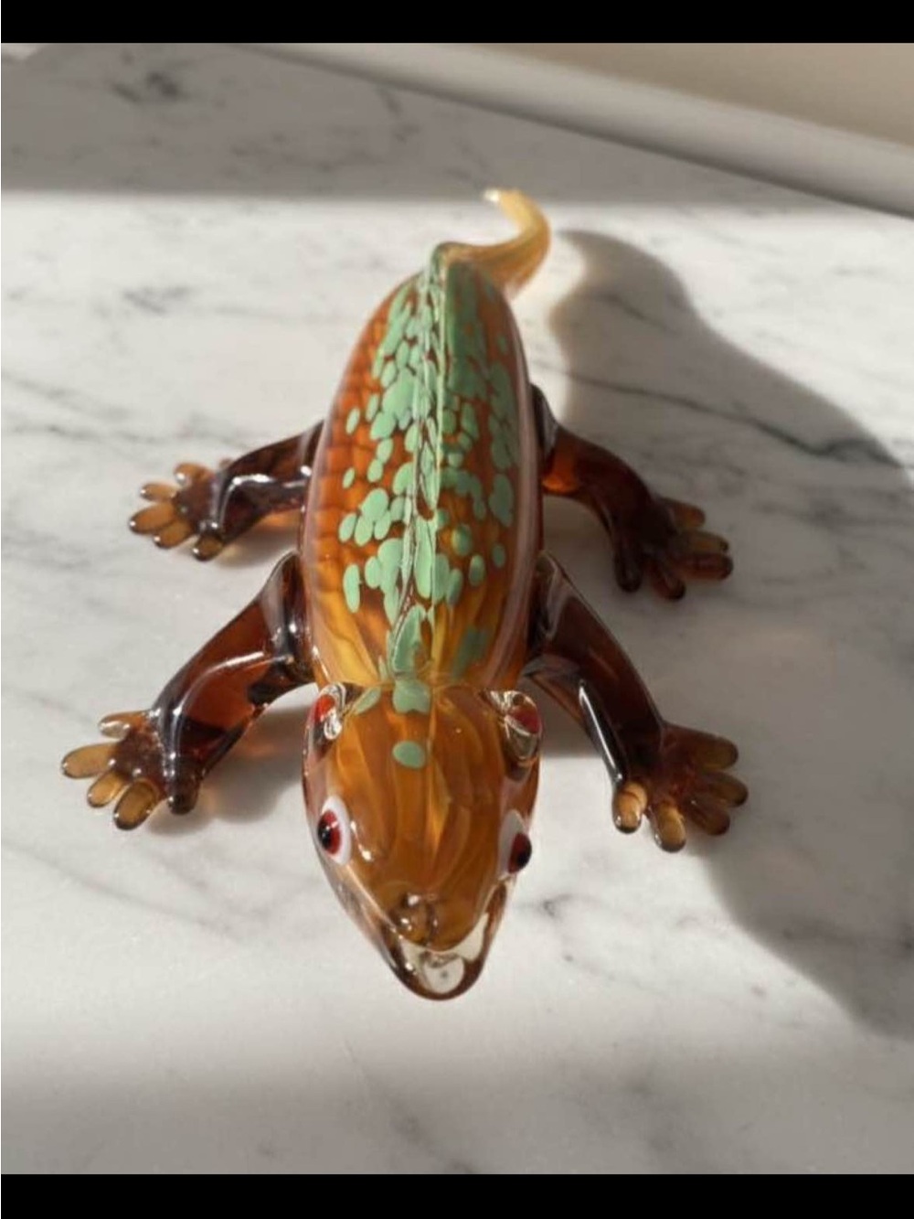 Glass Lizard Figurine - Brown & Green Decorative Reptile 13”